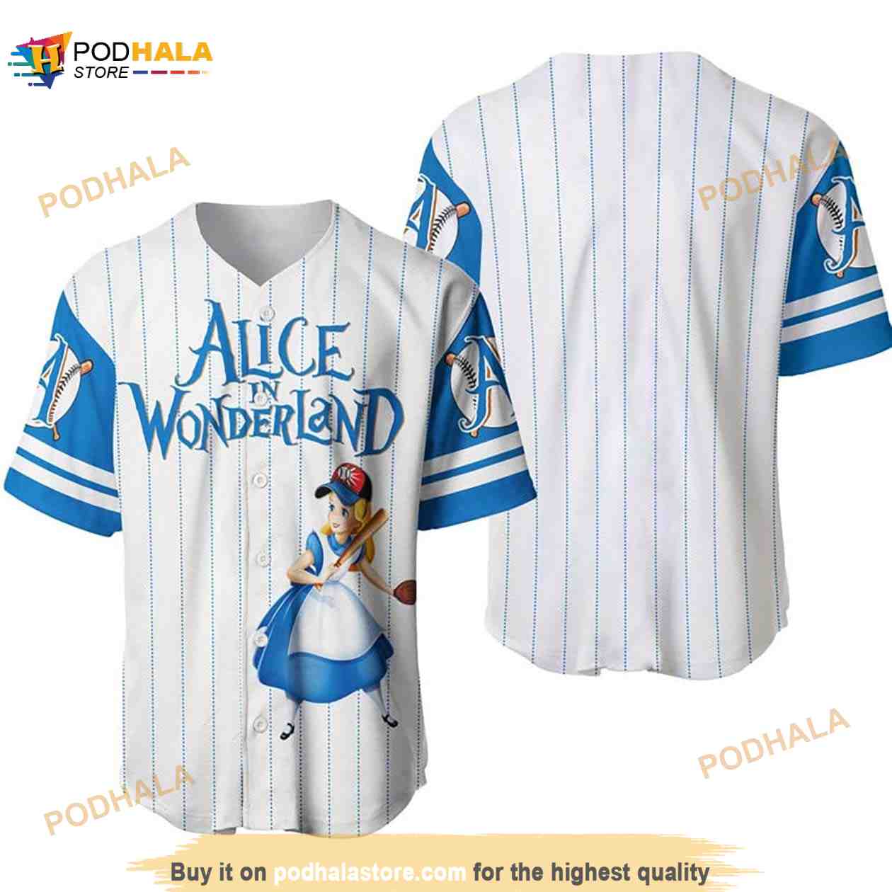 Alice In Wonderland All Over Print Pinstripe 3D Baseball Jersey Alice In Wonderland All Over Print Pinstripe 3D Baseball Jersey
