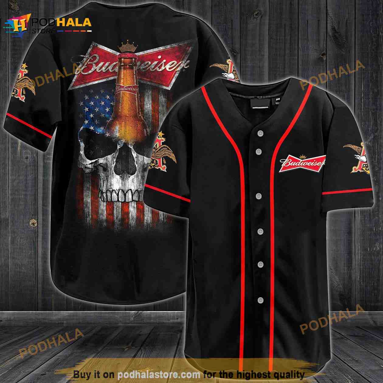 Budweiser Usa Flag Skull All Over Print Unisex 3D Baseball Jersey Budweiser Usa Flag Skull All Over Print Unisex 3D Baseball Jersey