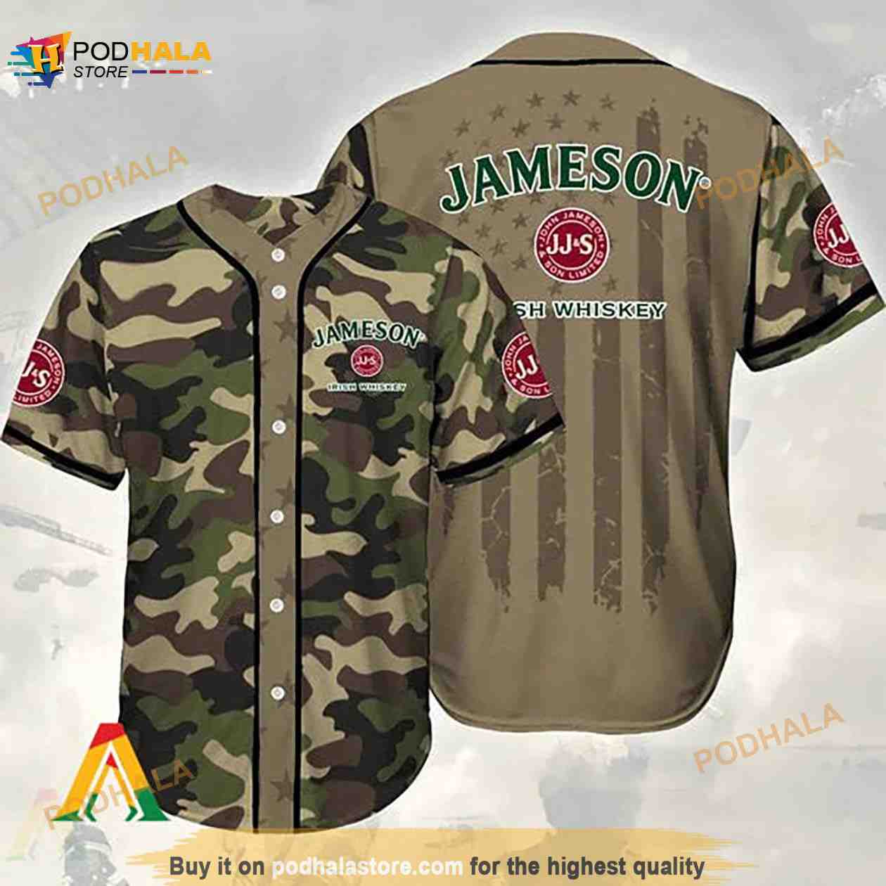 Camouflage Green Brown Jameson Whiskey 3D Baseball Jersey Camouflage Green Brown Jameson Whiskey 3D Baseball Jersey