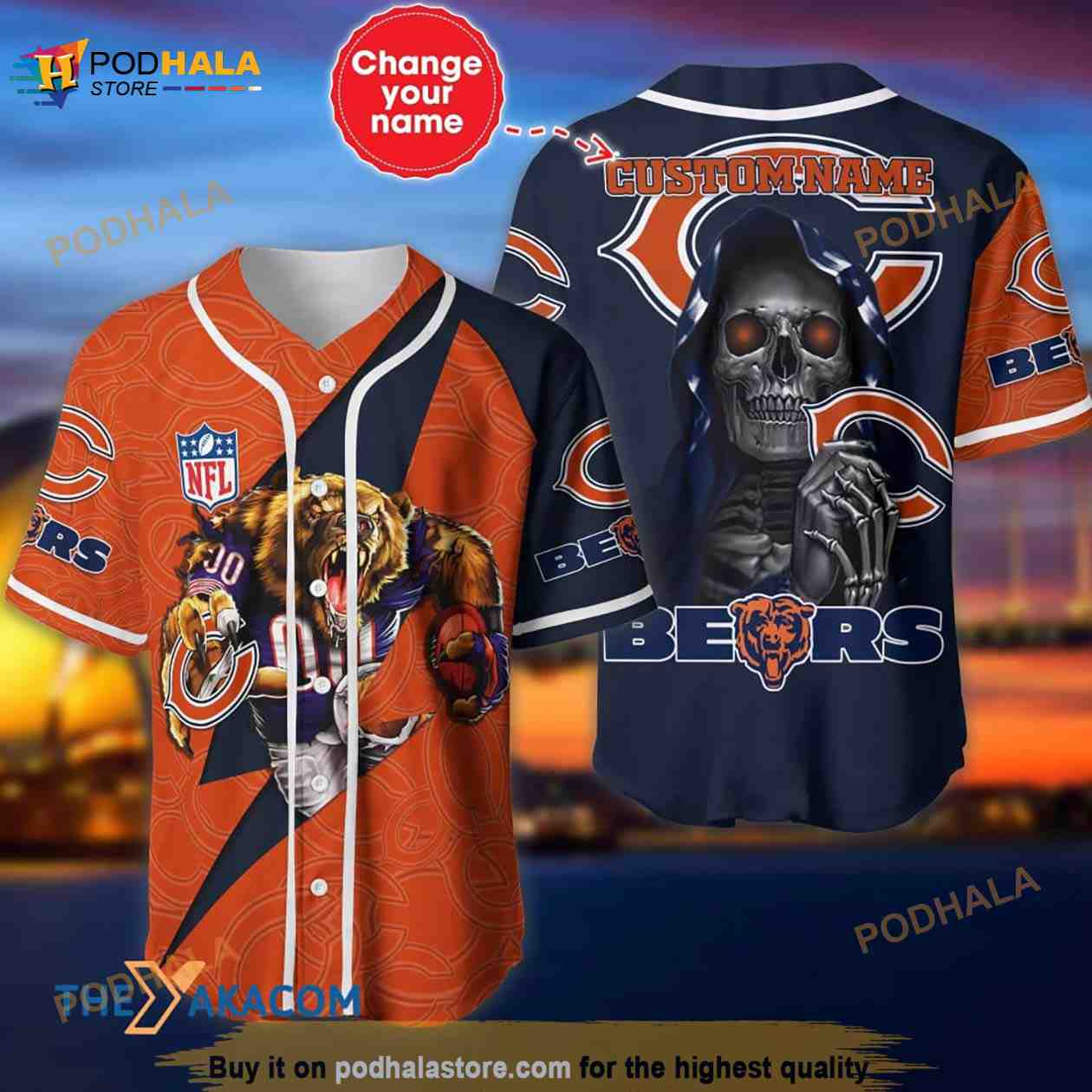 Chicago Bears Skull Pattern Personalized Custom Name 3D Baseball Jersey Shirt Chicago Bears Skull Pattern Personalized Custom Name 3D Baseball Jersey Shirt