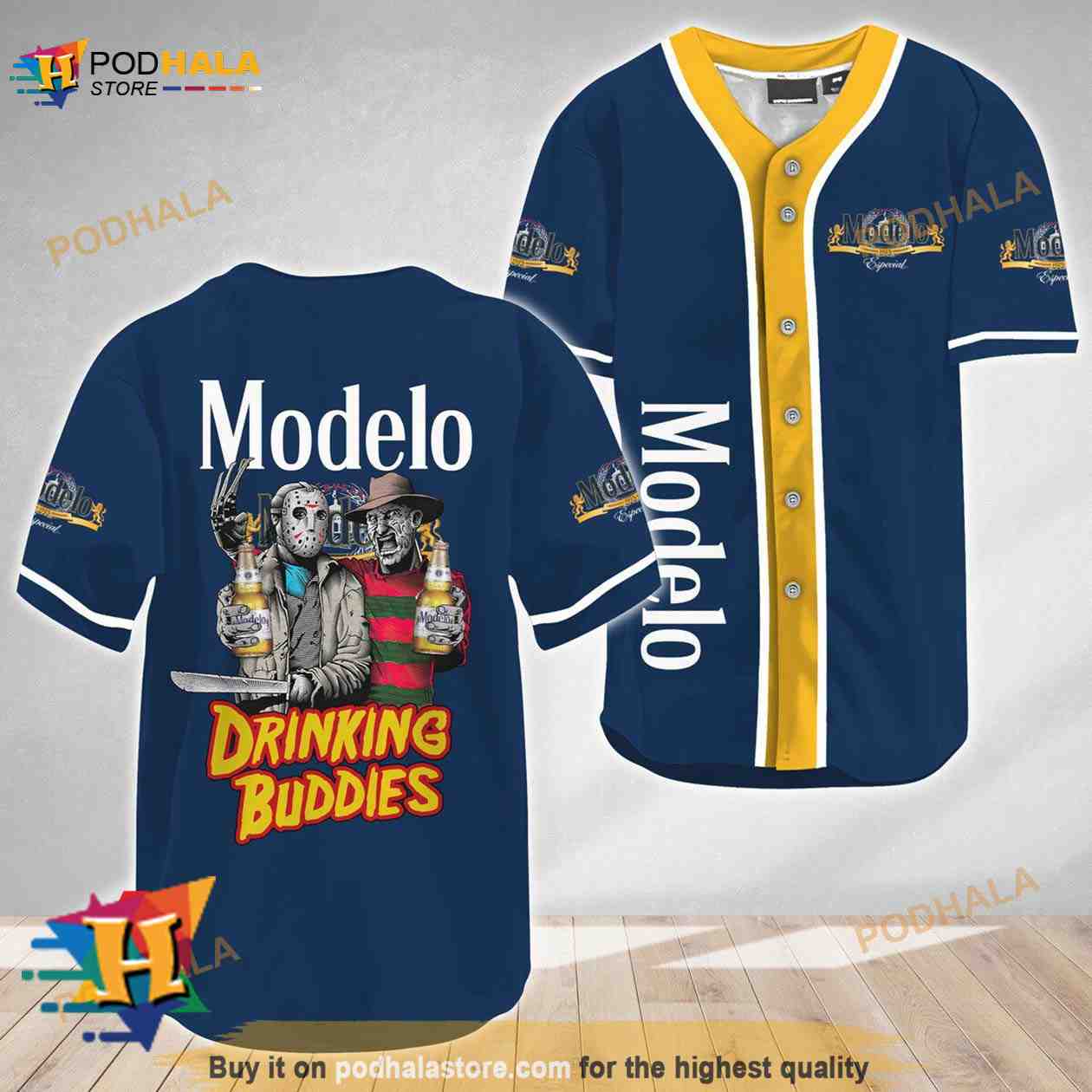 Horror Freddy and Jason Drinking Buddies Modelo 3D Baseball Jersey Horror Freddy and Jason Drinking Buddies Modelo 3D Baseball Jersey
