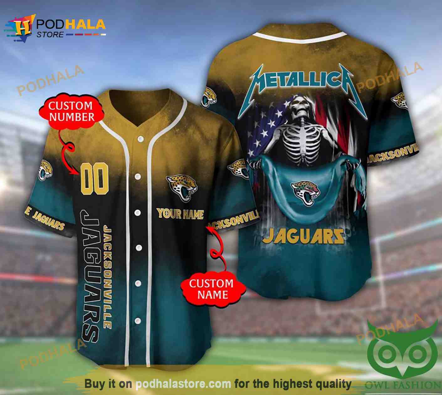Jacksonville Jaguars Custom Name Number Metallica 3D Baseball Jersey Jacksonville Jaguars Custom Name Number Metallica 3D Baseball Jersey