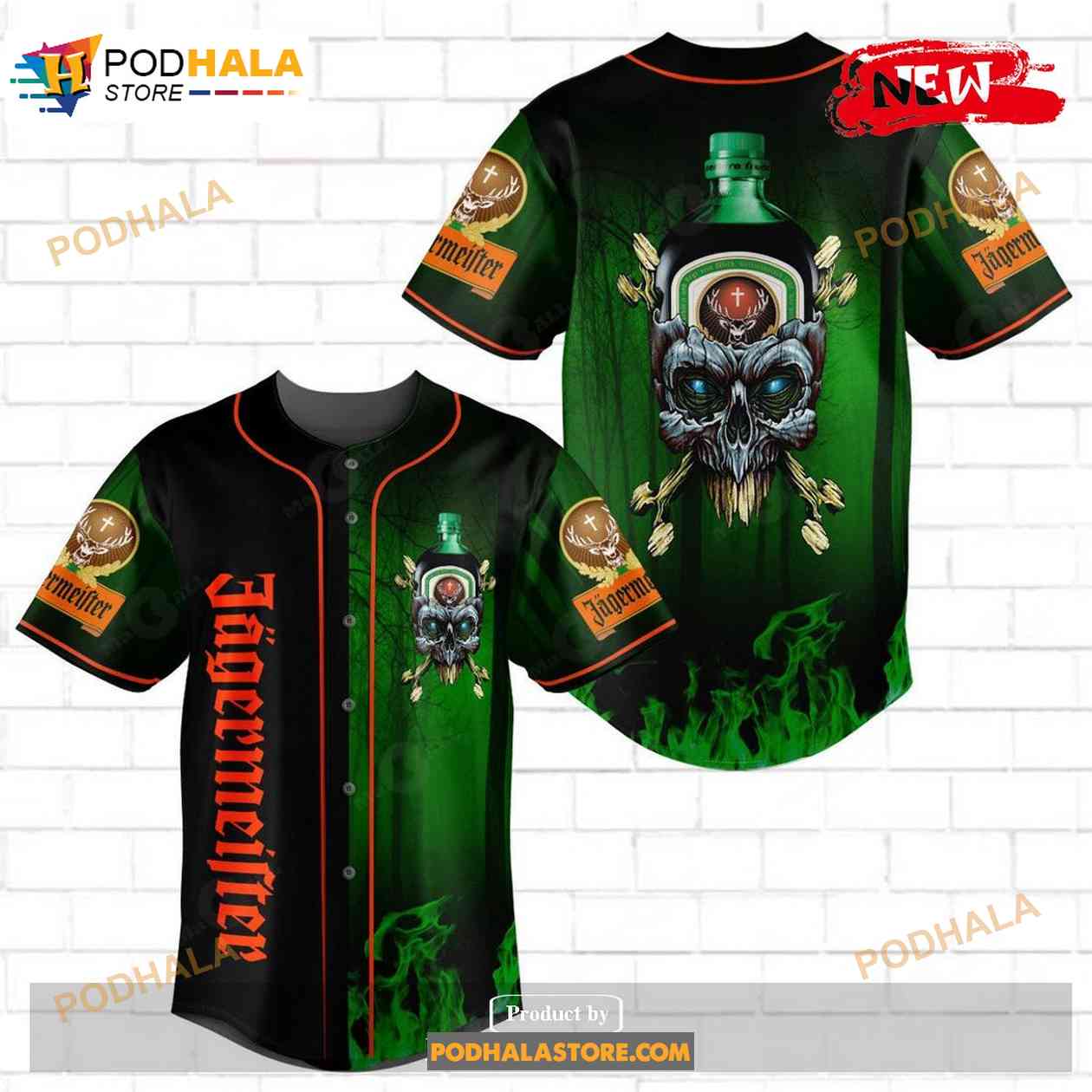Jagermeister Skull Green Flame All Over Print Unisex Green Baseball Jersey Jagermeister Skull Green Flame All Over Print Unisex Green Baseball Jersey