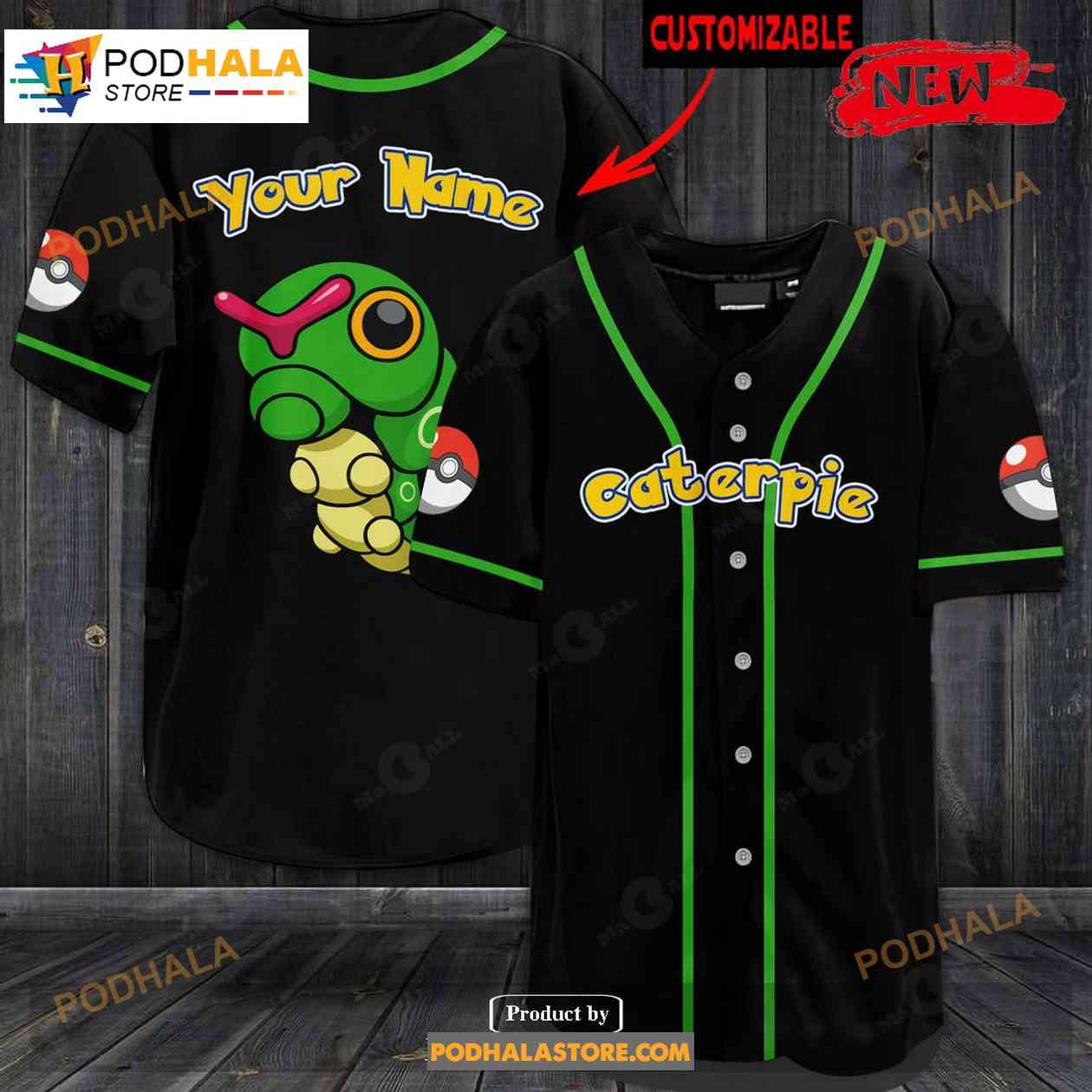 Personalized Caterpie Pokemon Black Design Baseball Jersey Personalized Caterpie Pokemon Black Design Baseball Jersey