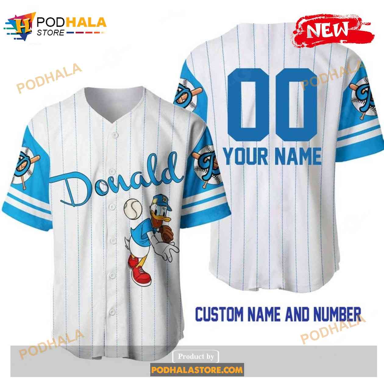 Personalized Donald Duck All Over Print Pinstripe White Baseball Jersey Personalized Donald Duck All Over Print Pinstripe White Baseball Jersey