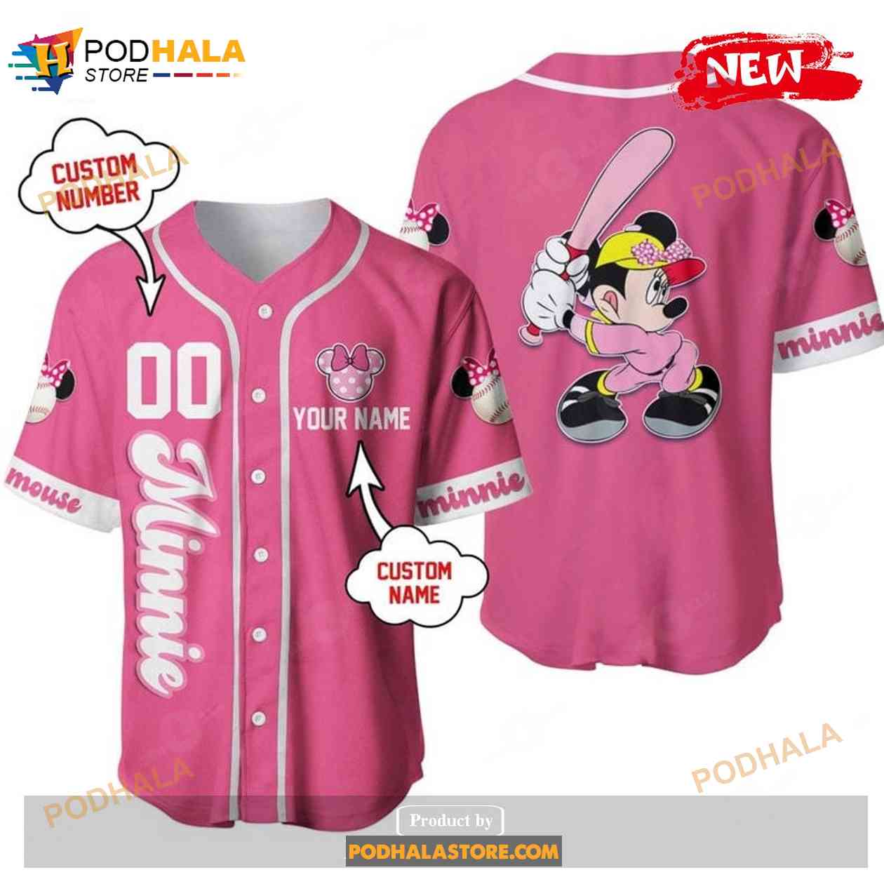 Personalized Minnie Mouse Playing Baseball All Over Print Pink Baseball Jersey Personalized Minnie Mouse Playing Baseball All Over Print Pink Baseball Jersey