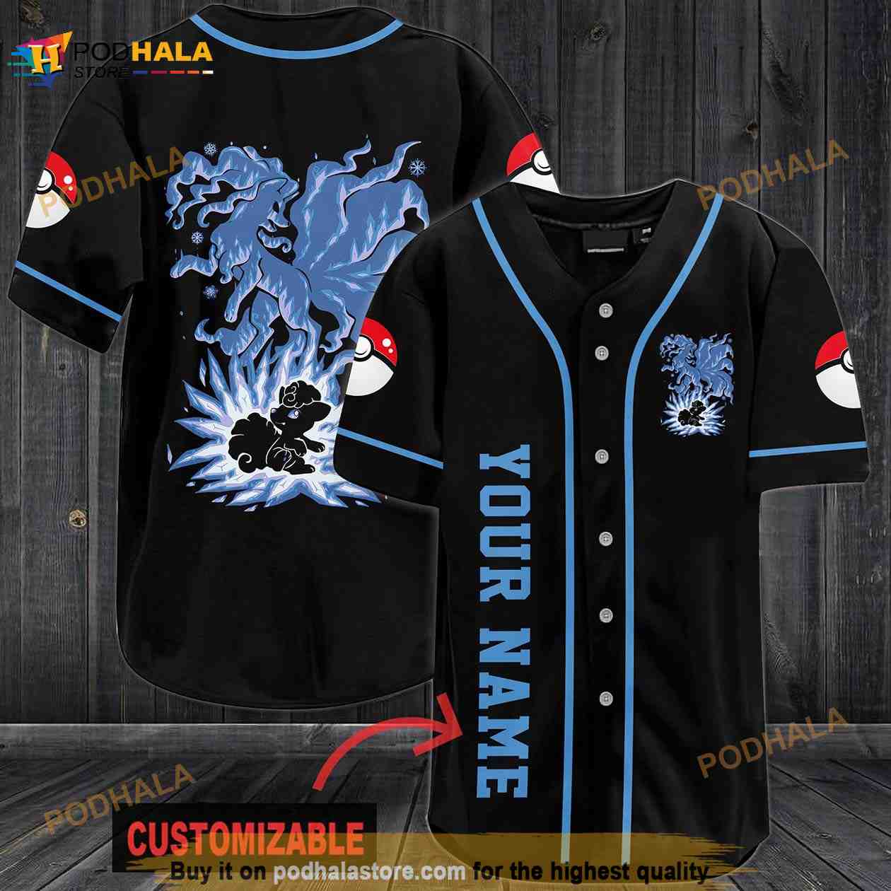 Personalized Name Blue Vulpix Pokemon 3D Baseball Jersey Personalized Name Blue Vulpix Pokemon 3D Baseball Jersey
