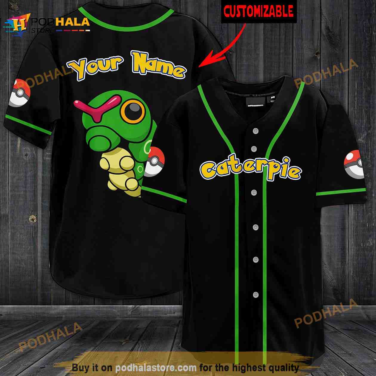 Personalized Name Caterpie Pokemon 3D Baseball Jersey Personalized Name Caterpie Pokemon 3D Baseball Jersey