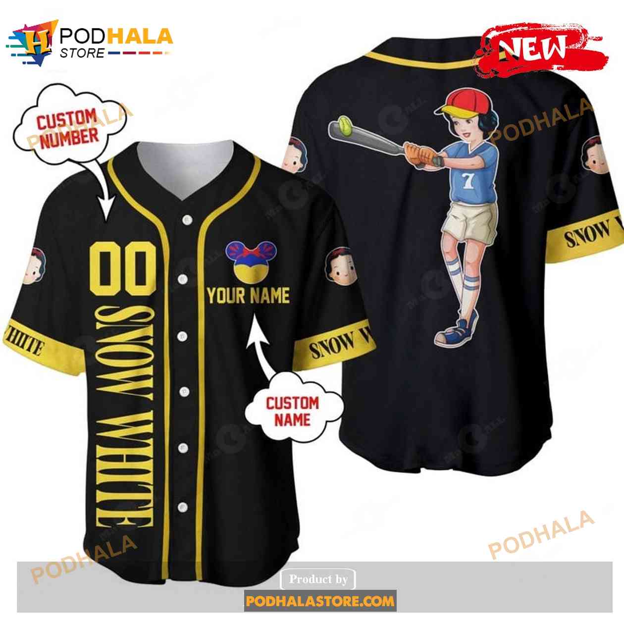 Personalized Snow White Princess Playing Baseball All Over Print Black Baseball Jersey Personalized Snow White Princess Playing Baseball All Over Print Black Baseball Jersey