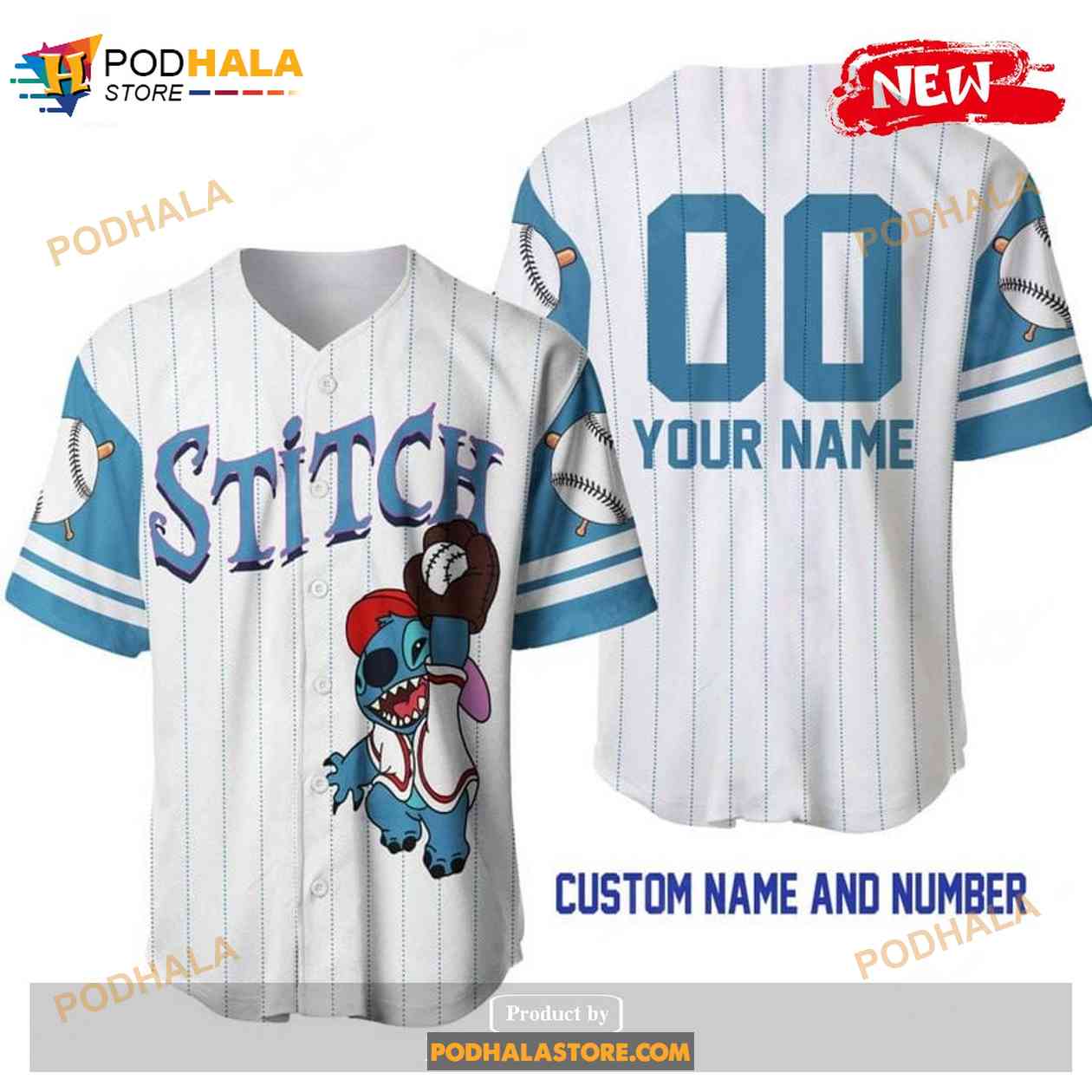 Personalized Stitch Disney All Over Print Pinstripe White Baseball Jersey Personalized Stitch Disney All Over Print Pinstripe White Baseball Jersey