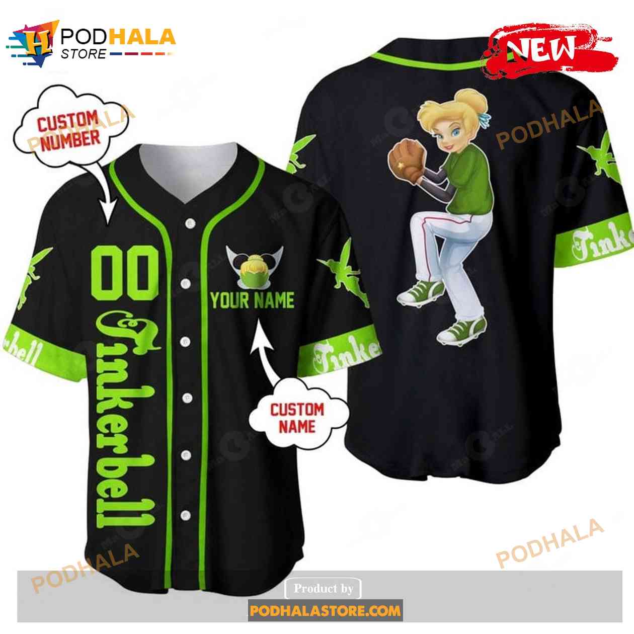 Personalized Tinker Bell Playing Baseball All Over Print Black Baseball Jersey Personalized Tinker Bell Playing Baseball All Over Print Black Baseball Jersey