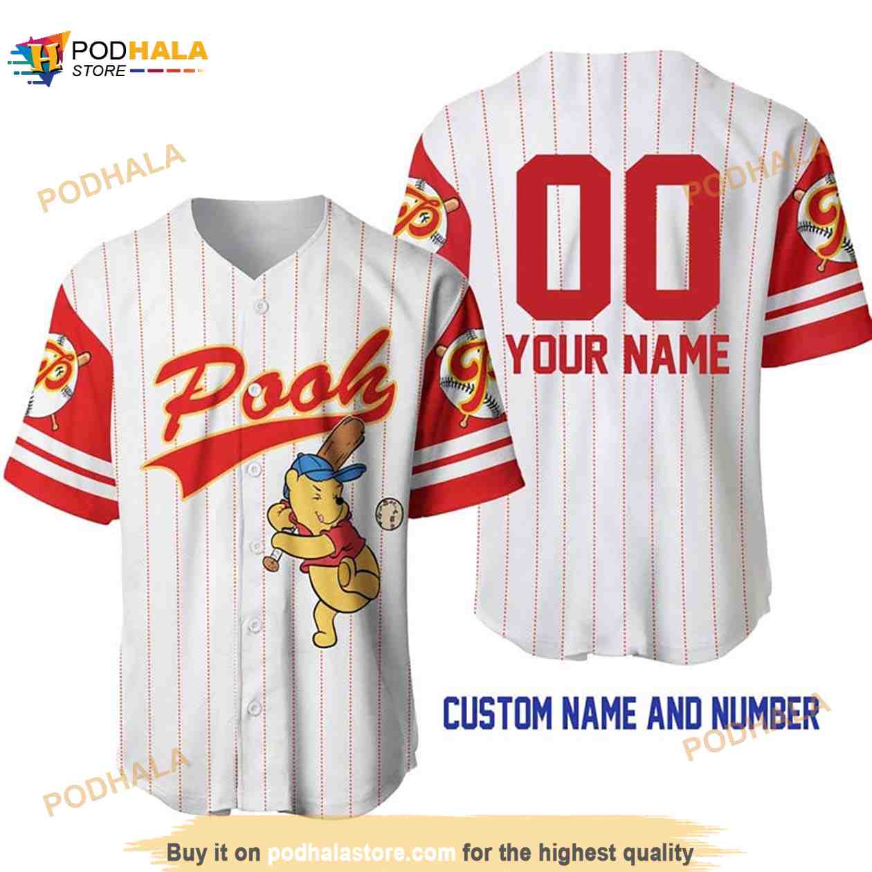 Personalized Winnie The Pooh All Over Print Pinstripe 3D Baseball Jersey Personalized Winnie The Pooh All Over Print Pinstripe 3D Baseball Jersey