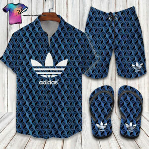 Adidas Blue Symbol Full Print Hawaiian Shirt Beach Shorts And Flip Flops