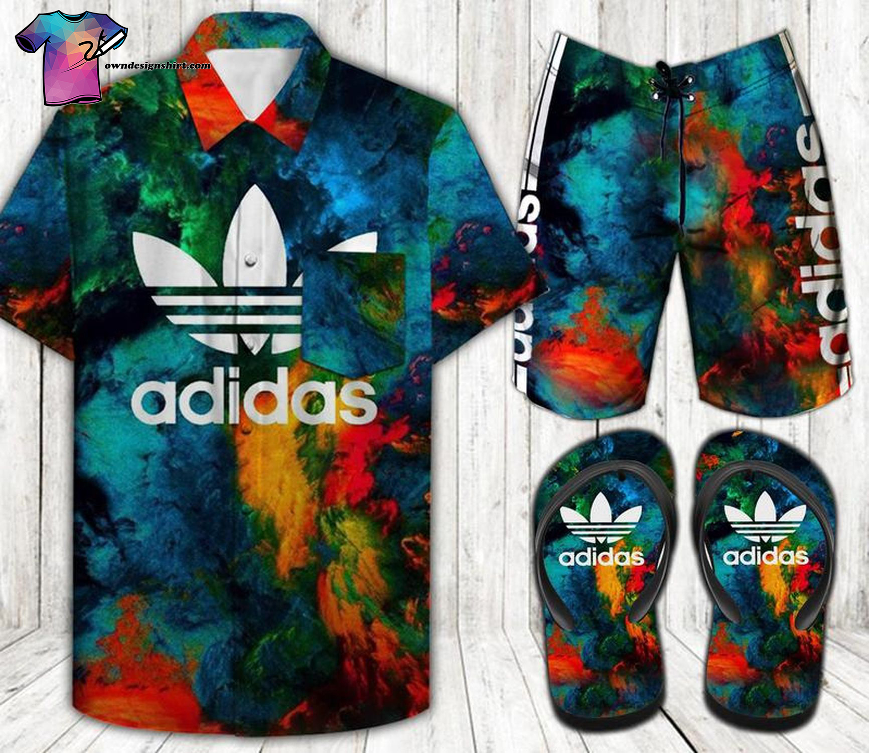 Adidas Color Retro Full Print Hawaiian Shirt Beach Shorts And Flip Flops Adidas Color Retro Full Print Hawaiian Shirt Beach Shorts And Flip Flops