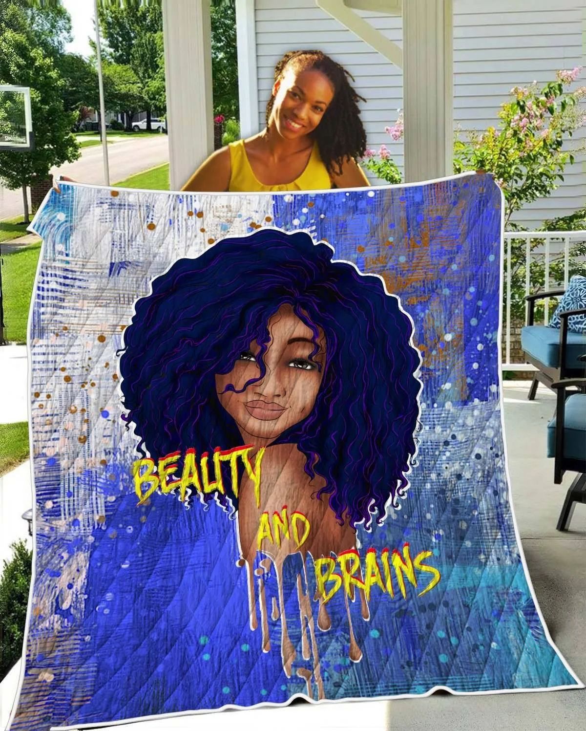 Afro Black Lady Art Quilt - Beauty And Brains Melanin Poppin Women Quilt Quilt Single Afro Black Lady Art Quilt - Beauty And Brains Melanin Poppin Women Quilt Quilt Single