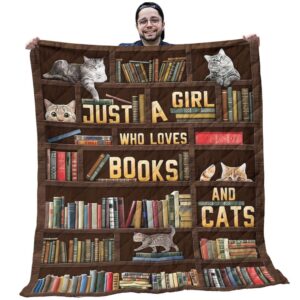 Animal Quilt - Just A Girl Who Loves Cats And Books Brown Bookshelf Quilt - Gifts For Cat Lover