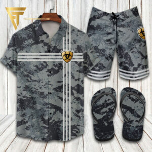 Ariat Logo Camo Hawaiian Shirt Beach Shorts And Flip Flops