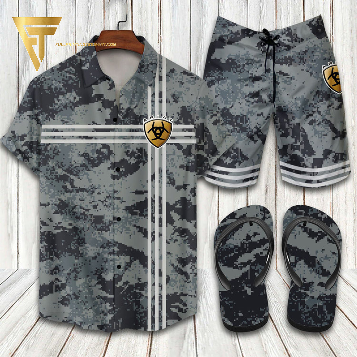 Ariat Logo Camo Hawaiian Shirt Beach Shorts And Flip Flops Ariat Logo Camo Hawaiian Shirt Beach Shorts And Flip Flops