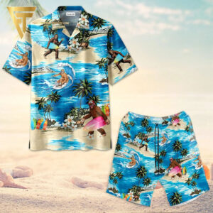 Bigfoot Surfing Sunset Aloha All Over Print Hawaiian Shirts And Beach Shorts