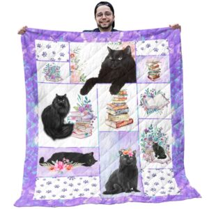 Black Cat Quilt - Black Cats With Colorful Flowers And Books Purple Quilt - Gifts For Black Cat Lovers