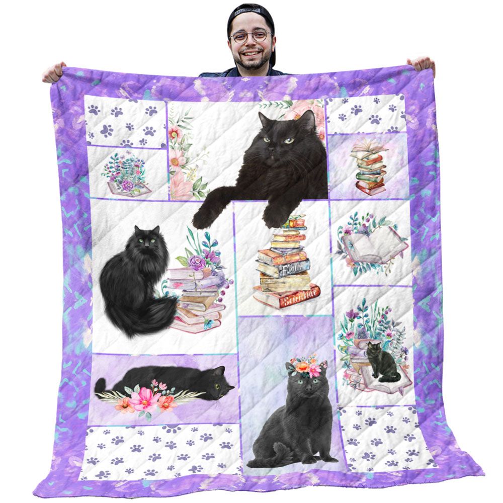 Black Cat Quilt - Black Cats With Colorful Flowers And Books Purple Quilt - Gifts For Black Cat Lovers Black Cat Quilt - Black Cats With Colorful Flowers And Books Purple Quilt - Gifts For Black Cat Lovers