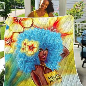 Black Women Art Quilt - Blue Melanin Poppin Fro Quilt Quilt Single