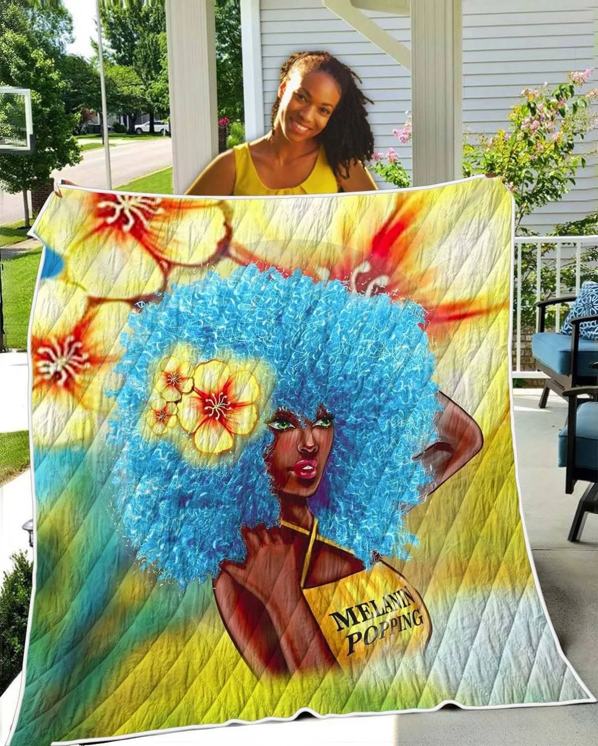 Black Women Art Quilt - Blue Melanin Poppin Fro Quilt Quilt Single Black Women Art Quilt - Blue Melanin Poppin Fro Quilt Quilt Single