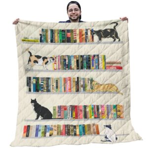 Book Quilt - Colorful Books On Bookshelf With Lazy Cats Beige Print Quilt - Gifts For Book Lovers