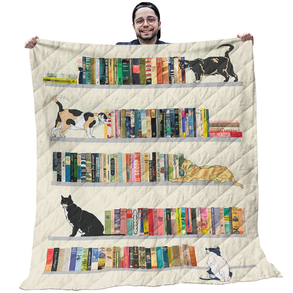Book Quilt - Colorful Books On Bookshelf With Lazy Cats Beige Print Quilt - Gifts For Book Lovers Book Quilt - Colorful Books On Bookshelf With Lazy Cats Beige Print Quilt - Gifts For Book Lovers