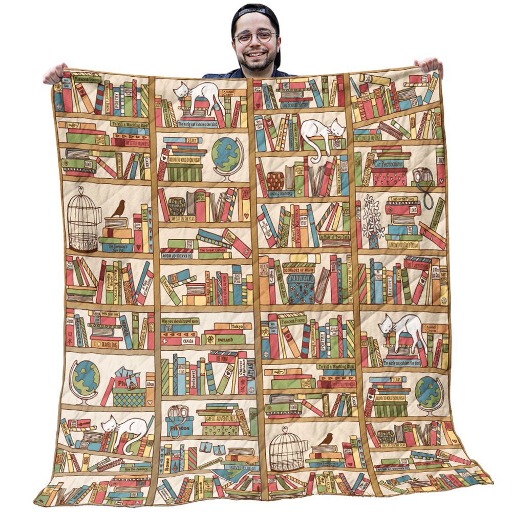 Book Shelf Quilt - White Cats With Colorful Books Pattern Print Quilt - Gifts For Book Lovers Book Shelf Quilt - White Cats With Colorful Books Pattern Print Quilt - Gifts For Book Lovers