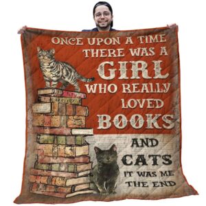 Books Quilt - Tabby Cat And Black Cat With Stack Of Books Pattern Print Red Quilt - Book Lover Gifts