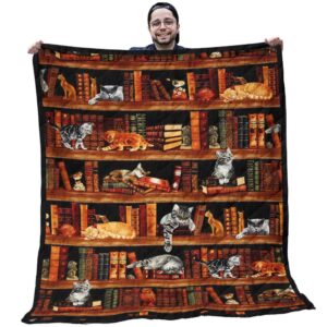 Bookshelf Quilt - Gray And Yellow Cats On Wood Bookshelf Black Print Quilt - Gifts For Book Lovers