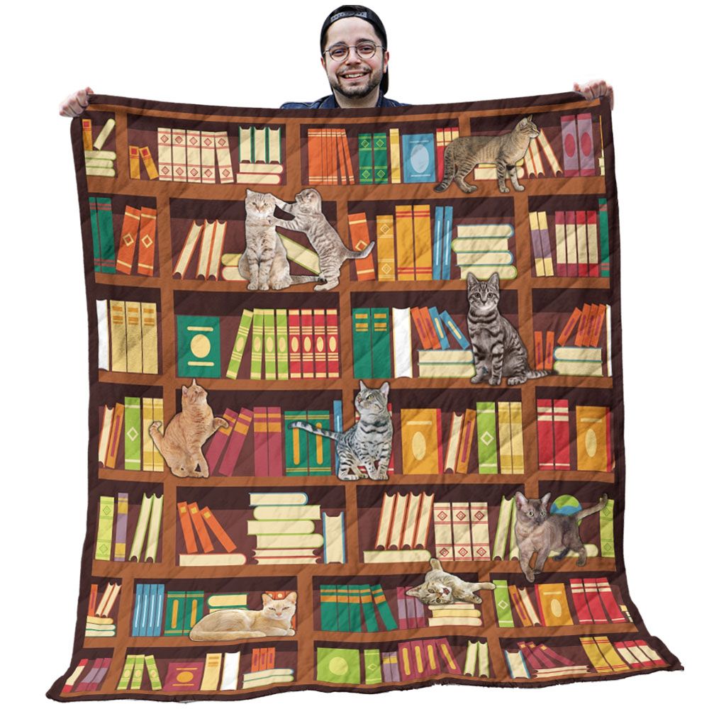 Bookshelf Quilts - Brown Book Case With Funny Cats And Colorful Books Quilt - Bookshelf Gifts Bookshelf Quilts - Brown Book Case With Funny Cats And Colorful Books Quilt - Bookshelf Gifts