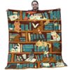 Bookshelf Quilts - Colorful Cats With Light Blue Books Brown Bookshelf Quilt - Bookshelf Gifts