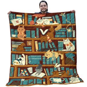 Bookshelf Quilts - Colorful Cats With Light Blue Books Brown Bookshelf Quilt - Bookshelf Gifts