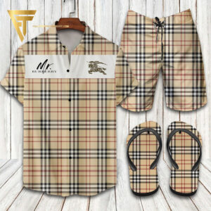 Burberry Cream Logo Hawaiian Shirt Beach Shorts And Flip Flops