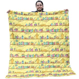 Cat Quilt - Brown Cat With Colorful Books Pattern Yellow Quilt - Gifts For Cat Lovers