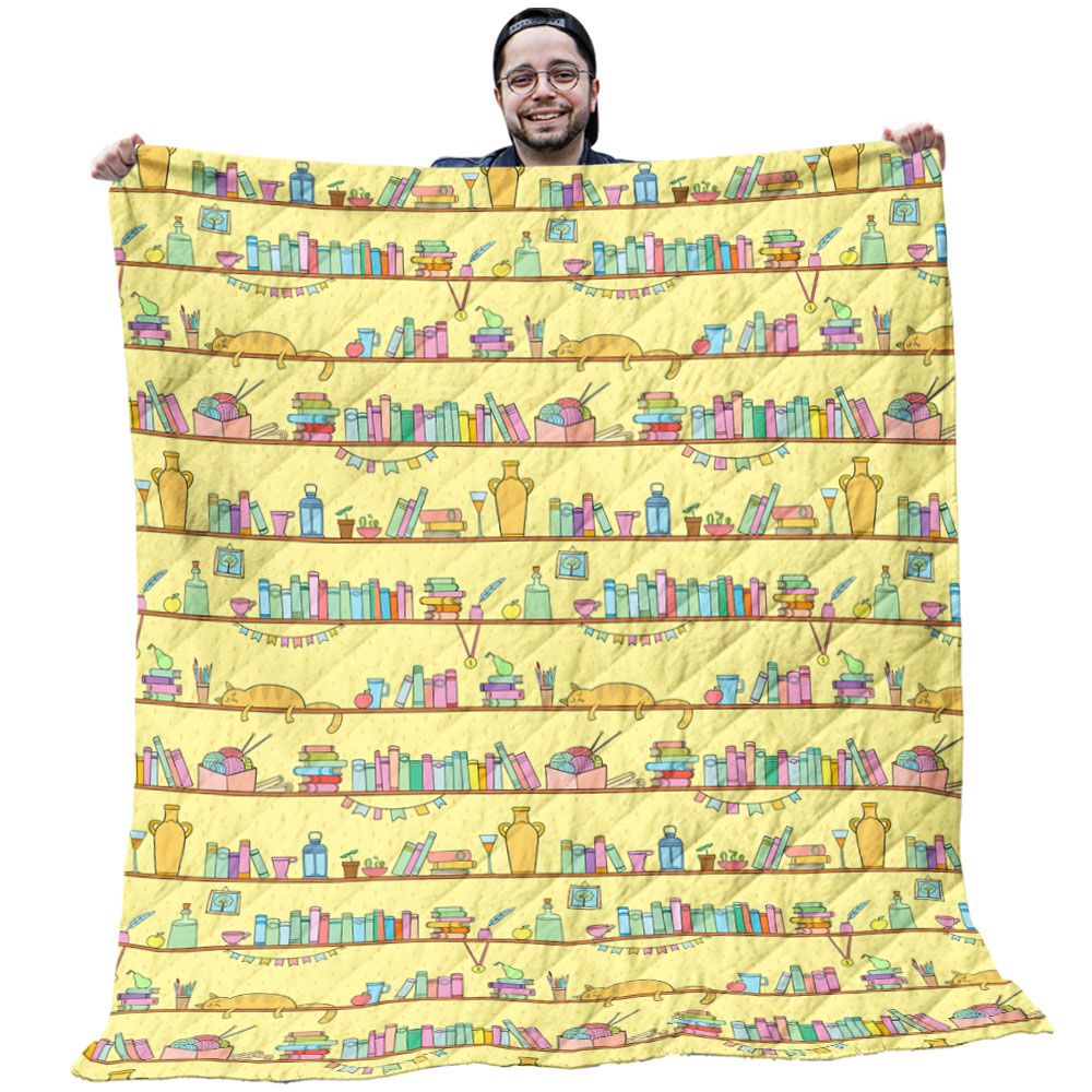 Cat Quilt - Brown Cat With Colorful Books Pattern Yellow Quilt - Gifts For Cat Lovers Cat Quilt - Brown Cat With Colorful Books Pattern Yellow Quilt - Gifts For Cat Lovers