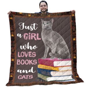 Cat Themed Quilts - Russian Blue Cat With Colorful Books Light Brown Quilt - Cat Gifts For Christmas