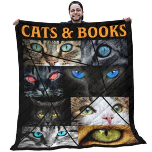 Cats Quilt - Colorful Cat Eyes Pattern Cats And Books Black Print Quilt - Gifts For Cat Lovers