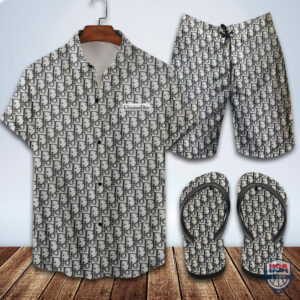 Dior Logo Hawaii Shirt Beach Short And Flip Flops