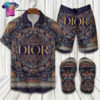 Christian Dior Vintage Full Print Hawaiian Shirt Beach Shorts And Flip Flops
