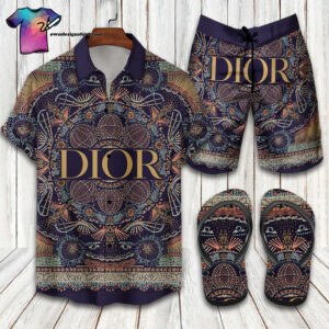 Christian Dior Vintage Full Print Hawaiian Shirt Beach Shorts And Flip Flops