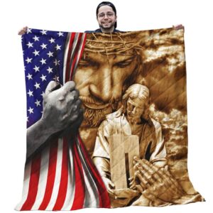 Christian Quilts - American Flag Pattern With Christian Praying Quilt Blanket - Christian Gifts
