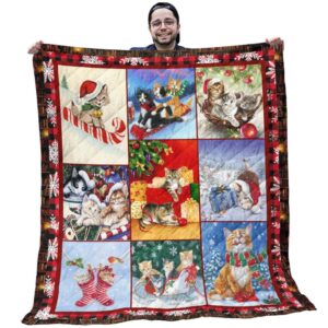 Christmas Cat Quilt - Funny Cats With Christmas Pattern Red Background Quilt - Christmas Gifts For Cat Lovers