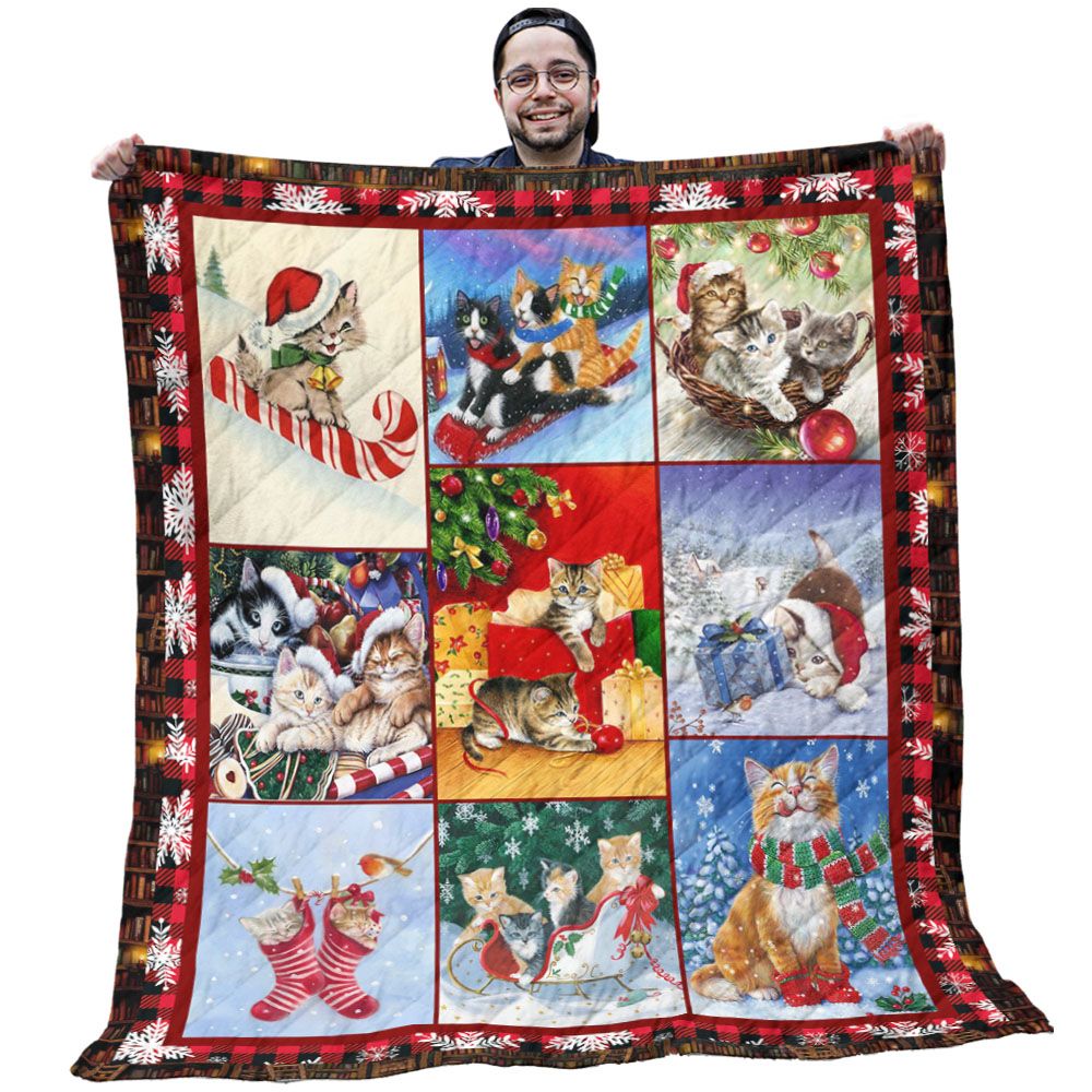 Christmas Cat Quilt - Funny Cats With Christmas Pattern Red Background Quilt - Christmas Gifts For Cat Lovers Christmas Cat Quilt - Funny Cats With Christmas Pattern Red Background Quilt - Christmas Gifts For Cat Lovers