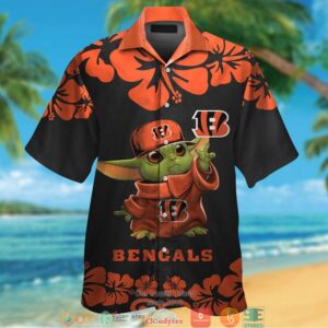 Cincinnati Bengals Baby Yoda Orange Hibiscus Hawaiian Shirt