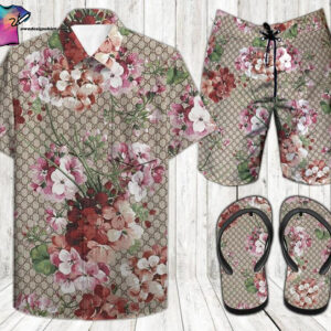 Classic Gucci Floral Full Print Hawaiian Shirt Beach Shorts And Flip Flops