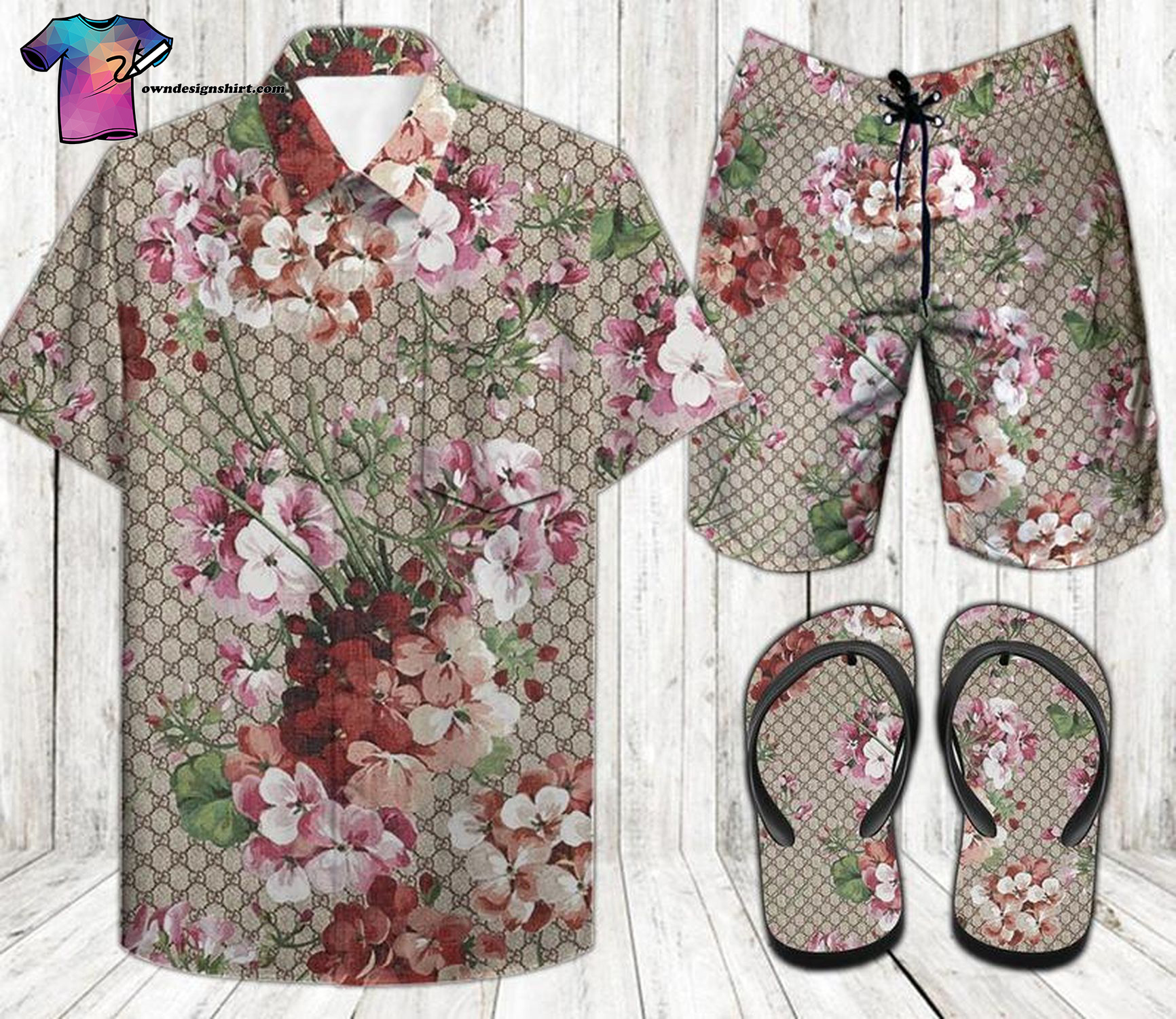 Classic Gucci Floral Full Print Hawaiian Shirt Beach Shorts And Flip Flops Classic Gucci Floral Full Print Hawaiian Shirt Beach Shorts And Flip Flops