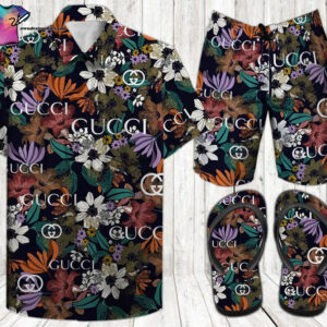 Classic Gucci Retro Full Print Hawaiian Shirt Beach Shorts And Flip Flops